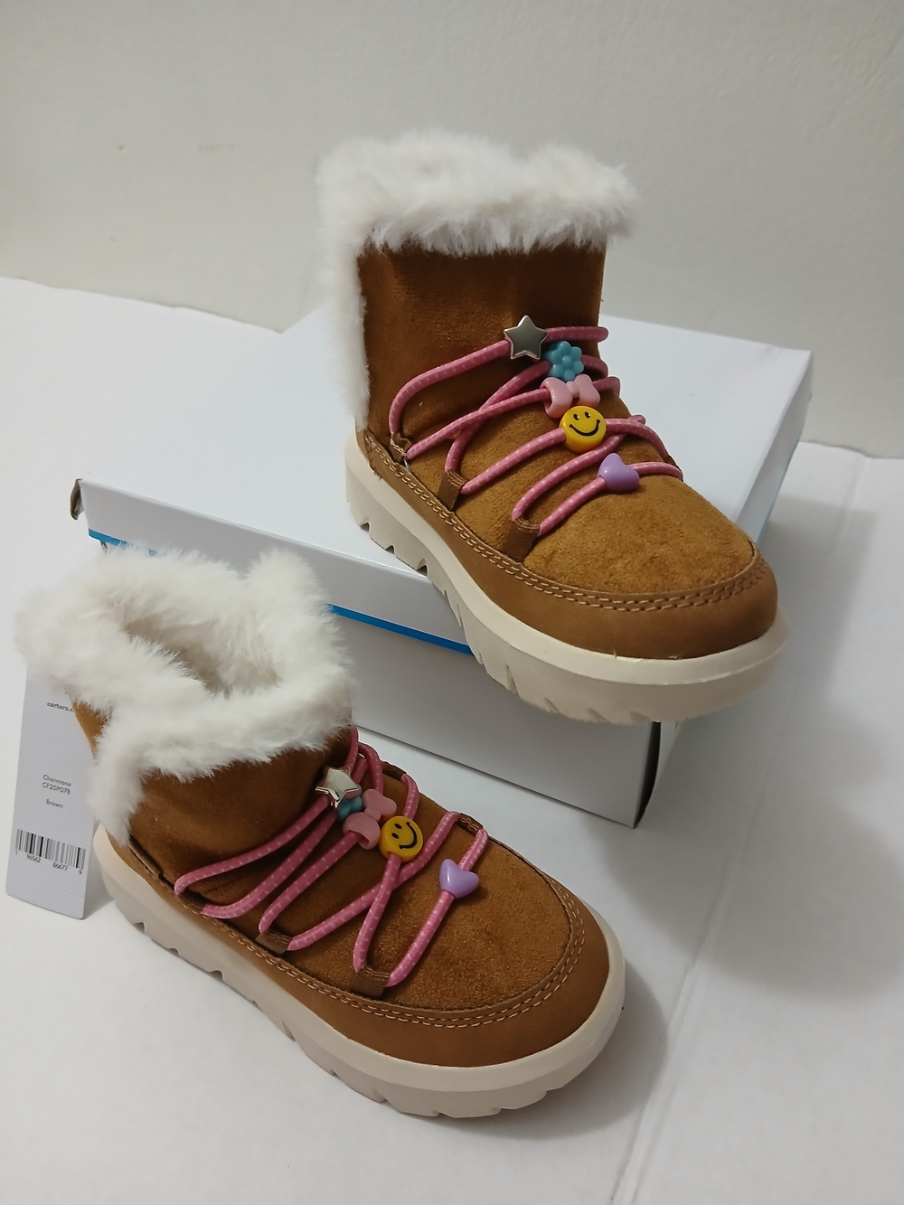 Kids Brown Faux-Fur Winter Boots with Pink Laces Various Sizes New $25